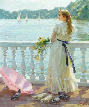 Women Painting - Beautiful Girl pigeons VG 04 Impressionist